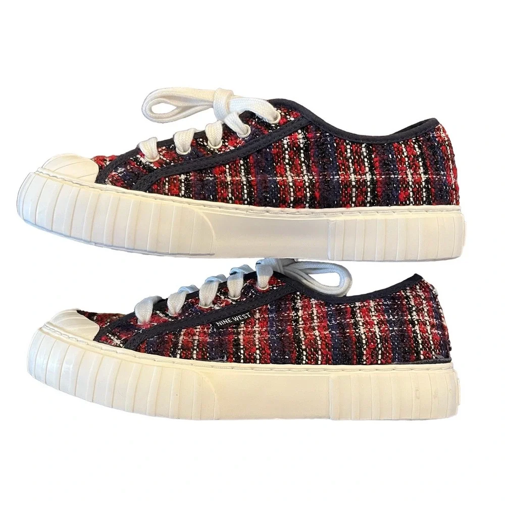 Nine West Sneakers Womens 7.5M Red Blue Plaid Lace Up Casual Deck Shoes